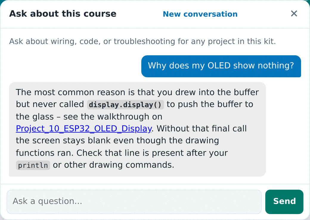 The course assistant answering a student question and citing the guide it came from